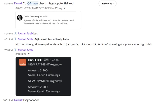 Ayman Arab Slack conversation confirming a client payment