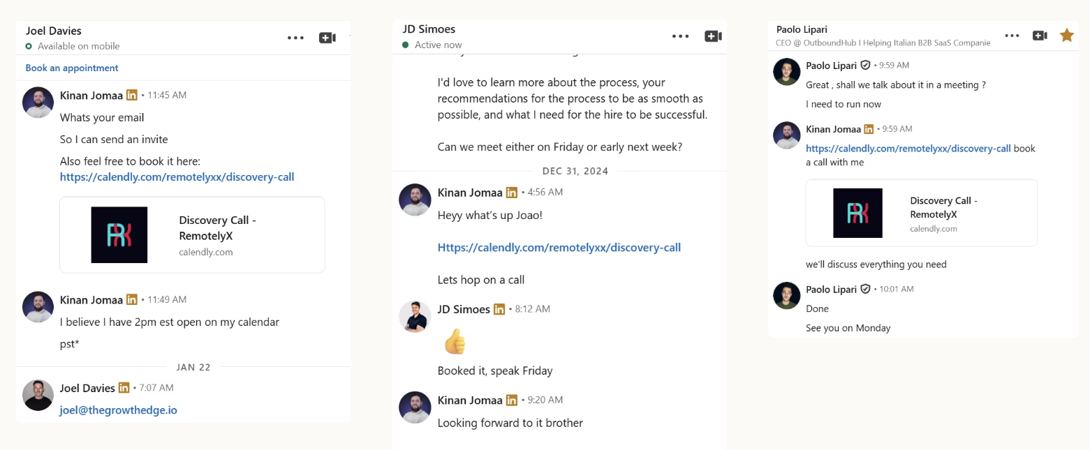 Three RemotelyX LinkedIn conversations leading to booked calls, set 2